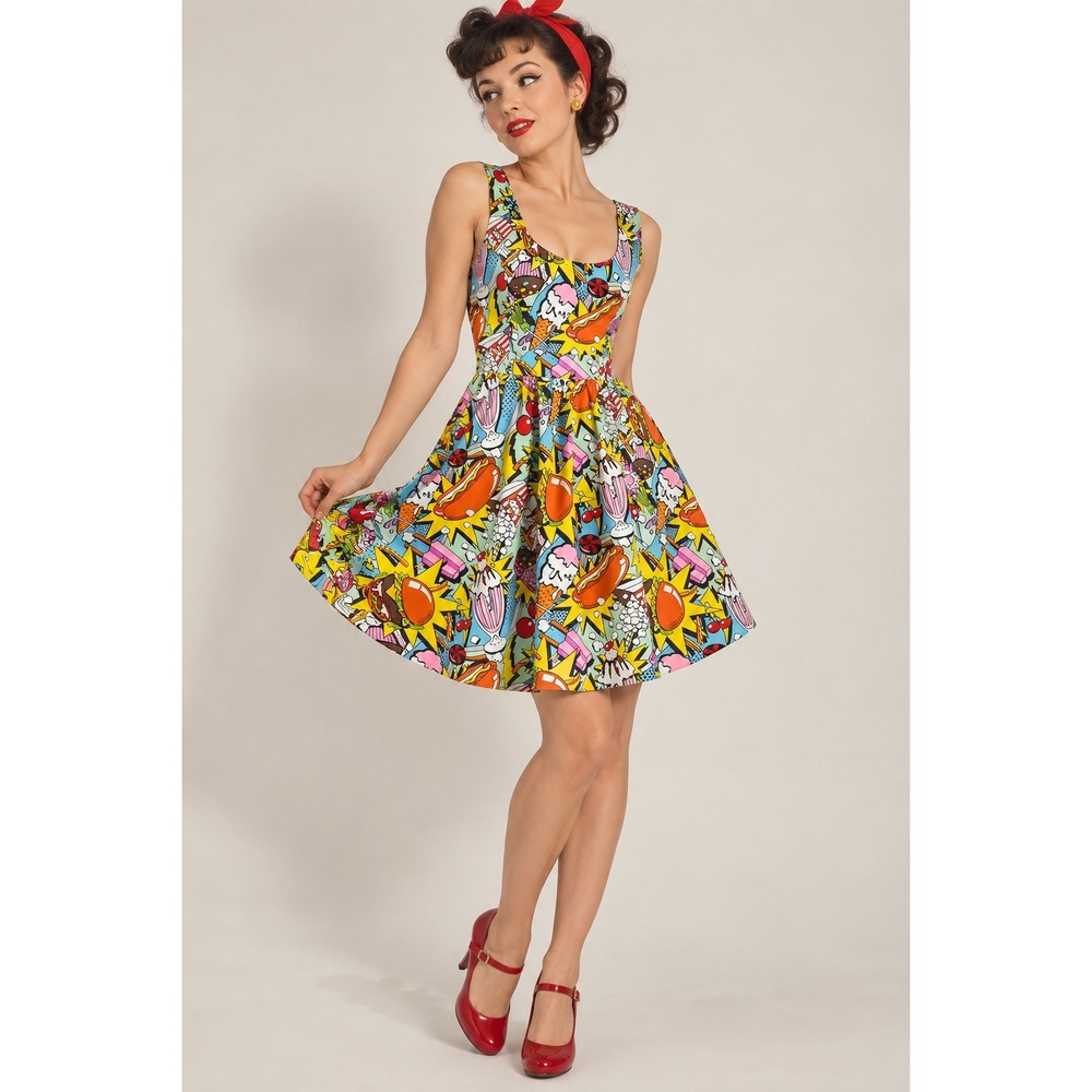 Folter Pop Art Snack Attack Comic Food Print Dress M Multi Fit Flare Retro Mod